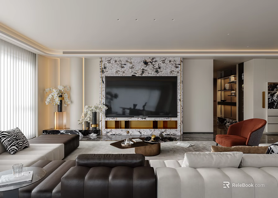 Modern Living And Dining Room Interior With Sofa Set TV Wall And Decorative Lighting 3d model 