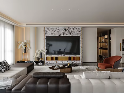 Modern Living And Dining Room Interior With Sofa Set TV Wall And Decorative Lighting 3d model