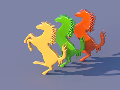 Vibrant Colorful Rearing Horse Sculptures with Yellow Green Orange Tones 3d model