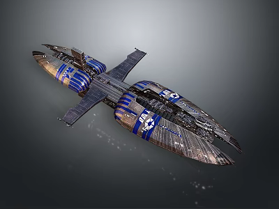 Futuristic Combat Spaceship Featuring Blue Accents Metallic Structure And Multi Wing Weapon Design 3d model