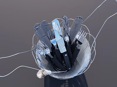 Stainless Steel Cutlery Set with Black Handle Knives Forks Spoons in Silver Metal Basket 3d model