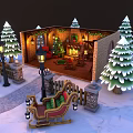 Cartoon Christmas Scene With Cozy Cottage Snowman Sleigh And Pine Trees
