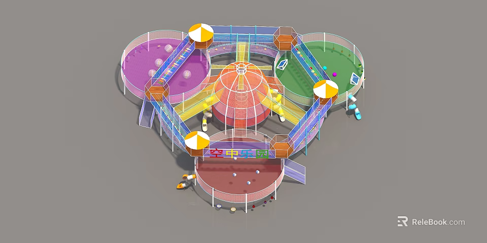 Colorful Playground Equipment with Slides Sandpit Climbing Structures and Umbrella Canopies 3d model 