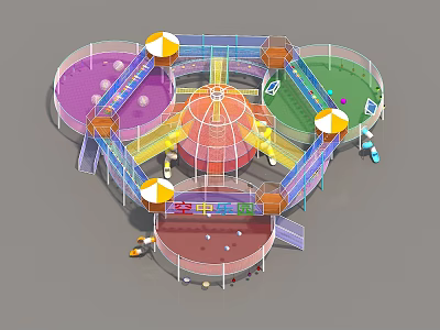 Colorful Playground Equipment with Slides Sandpit Climbing Structures and Umbrella Canopies 3d model
