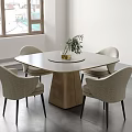 Round Dining Table Set with Gold Base and Four Light Gray Fabric Chairs 3d model