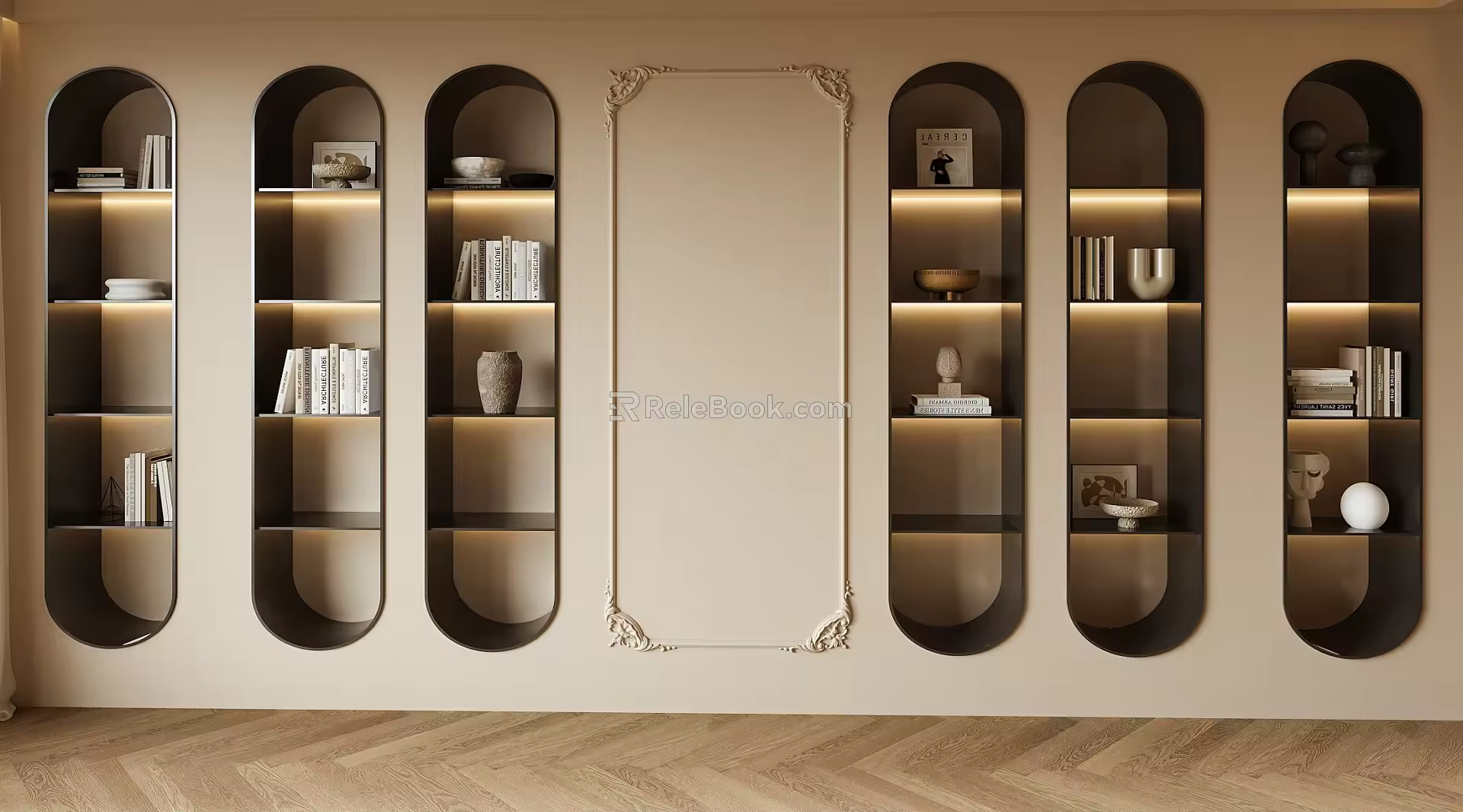 Modern Full Wall Bookcase Books Ornaments Bookshelf 3d model