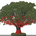 Arbor Tree With Green Foliage Red Wrapped Trunk And Red Heart Shaped Decorations On Branches
