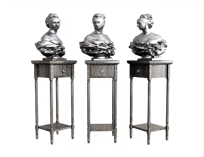 Three Elegant Carved Bust Sculptures Displayed On Decorative Wooden Pedestals 3d model