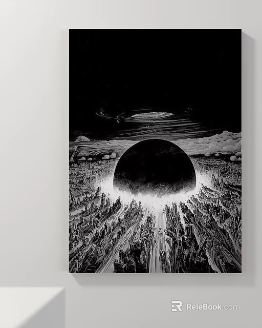 Black And White Landscape With Giant Dark Sphere Cityscape Celestial Ring And Clouds 3d model 