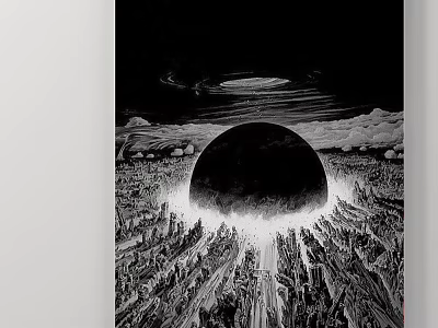 Black And White Landscape With Giant Dark Sphere Cityscape Celestial Ring And Clouds 3d model