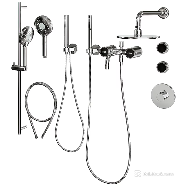 Complete Modern Shower System With Handheld Rainfall Head Flexible Hose And Control Valves 3d model 