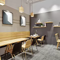 Modern Restaurant Interior With Wooden Tables Chairs Brick Walls Pendant Lights And TV Screens
