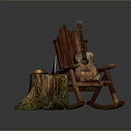 Rustic Wooden Furniture With Tree Stump Axe Rocking Chair And Guitar