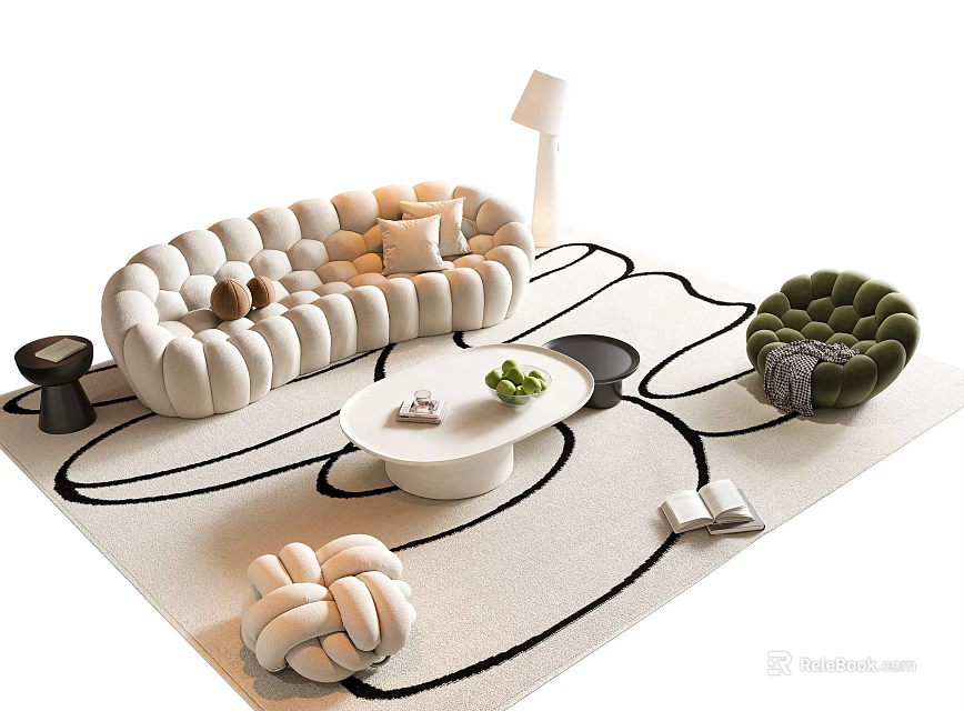 Modern White Sofa With Round Cushions And Coffee Table Green Accent Chair Black White Rug 3d model 
