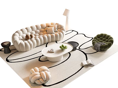 Modern White Sofa With Round Cushions And Coffee Table Green Accent Chair Black White Rug 3d model
