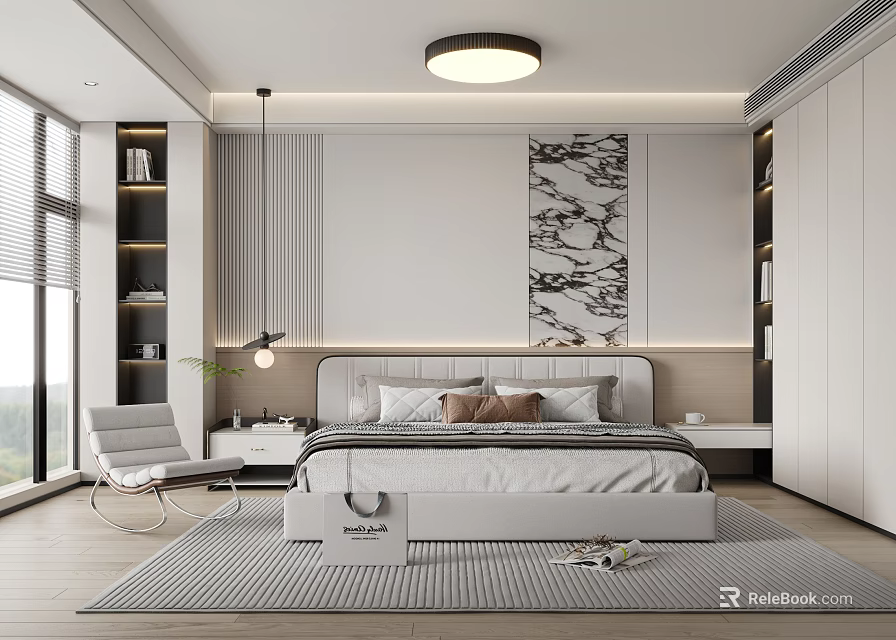 Elegant Modern White Bedroom Interior With Marble Decorative Painting Large Bed Wardrobe And Chair 3d model 