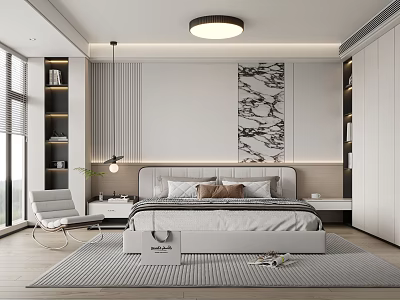 Elegant Modern White Bedroom Interior With Marble Decorative Painting Large Bed Wardrobe And Chair 3d model