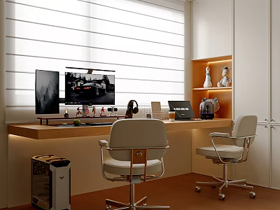 Home Office Interior With Window Blinds Desk Computer Monitor Decorative Shelves And Office Chairs 3d model