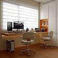 Home Office Interior With Window Blinds Desk Computer Monitor Decorative Shelves And Office Chairs