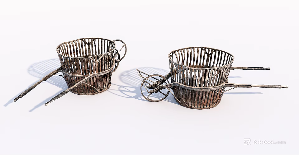 Vintage Rustic Metal Woven Baskets With Handles And Decorative Wheels 3d model 