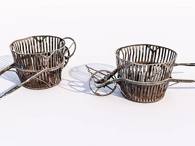 Vintage Rustic Metal Woven Baskets With Handles And Decorative Wheels 3d model