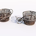 Vintage Rustic Metal Woven Baskets With Handles And Decorative Wheels