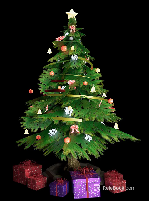 Decorated Christmas Tree With Colored Ornaments Bells Ribbons And Snowflake Decorations 3d model 
