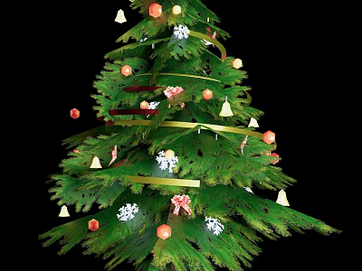 Decorated Christmas Tree With Colored Ornaments Bells Ribbons And Snowflake Decorations 3d model