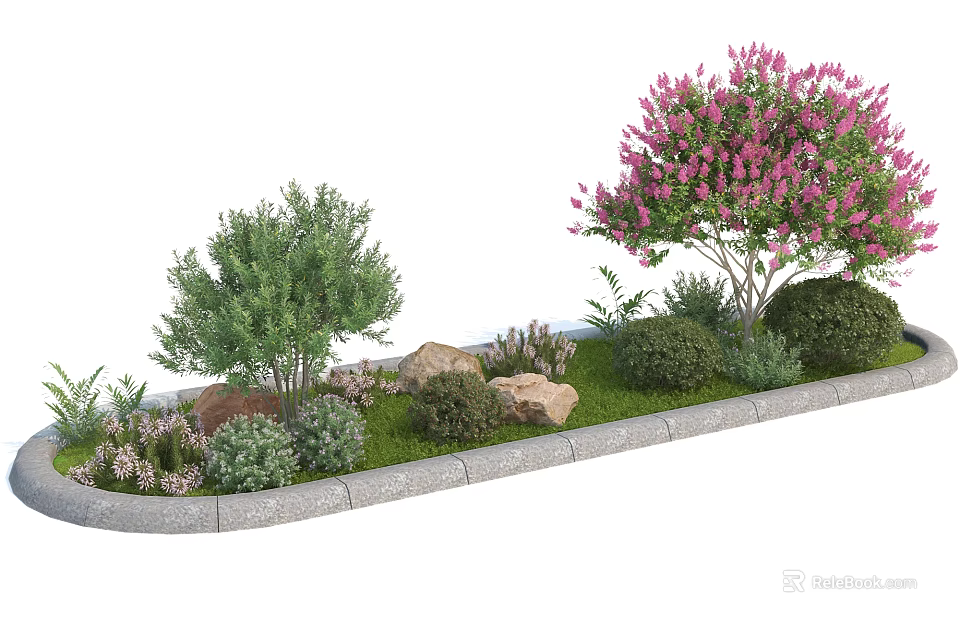 Roadside Facilities Featuring Gray Curb Shrubs Trees Stones And Green Grass 3d model 