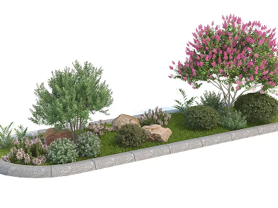 Roadside Facilities Featuring Gray Curb Shrubs Trees Stones And Green Grass 3d model