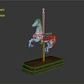 Artistic Carousel Horse Sculpture with Wooden Base Golden Pole and Red Saddle