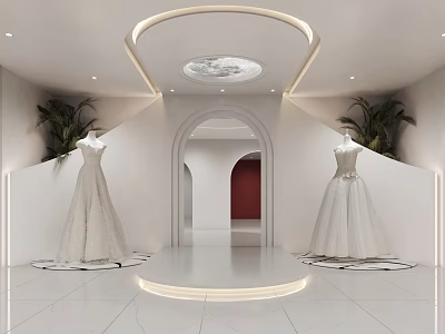 Modern Bridal Shop Interior Design With Two Wedding Dresses And Plants 3d model