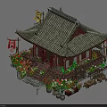 Cartoon Scene Of Traditional Chinese Pavilion With Green Tile Roof Red Decorations And Surrounding Plants