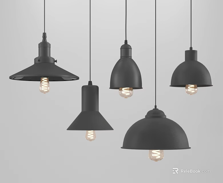 Black Pendant Lights with Various Shapes and Spiral Bulbs for Modern Interior Design 3d model 