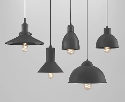 Black Pendant Lights with Various Shapes and Spiral Bulbs for Modern Interior Design 3d model