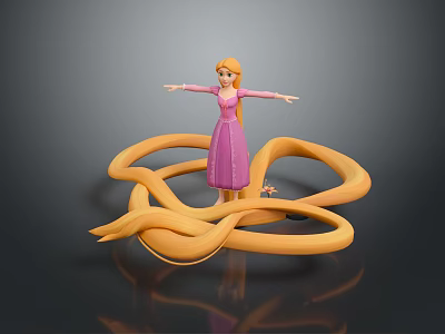 Animated Movie Character Rapunzel With Long Golden Hair In Pink Dress And Outstretched Arms 3d model