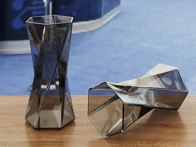 Modern Transparent Glass Vases For Flowers With Geometric Design On Wooden Table Blue Carpet 3d model