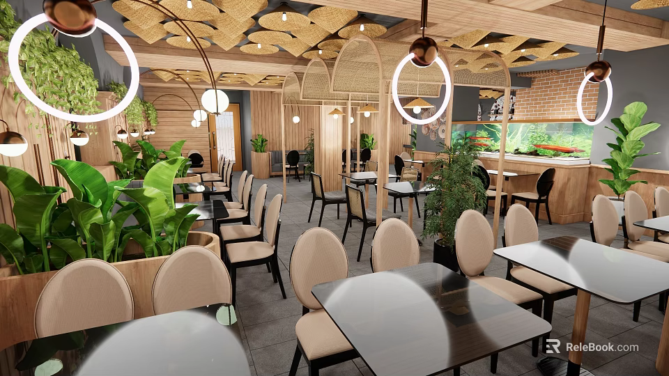 Cozy Restaurant Interior With Wooden Ceiling Round Pendant Lights Green Plants And Tables Chairs 3d model 