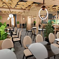 Cozy Restaurant Interior With Wooden Ceiling Round Pendant Lights Green Plants And Tables Chairs