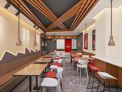 Modern Restaurant Interior With Wooden Ceiling Beams Long Tables And Red White Chairs 3d model