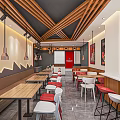 Modern Restaurant Interior With Wooden Ceiling Beams Long Tables And Red White Chairs