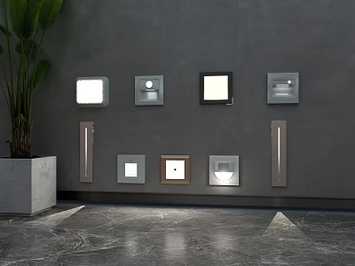 Modern Gray Wall Decor With Square Rectangular Frames And Potted Plant On Marble Floor 3d model