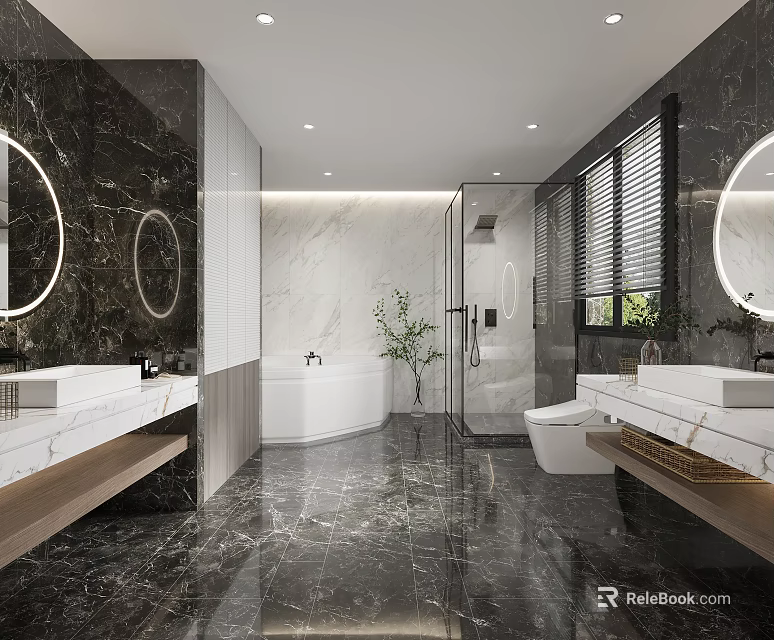 Luxury Hotel Bathroom Interior With Marble Tiles Double Vanity Walk-in Shower And Bathtub 3d model 
