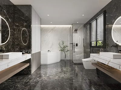 Luxury Hotel Bathroom Interior With Marble Tiles Double Vanity Walk-in Shower And Bathtub 3d model
