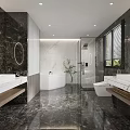 Luxury Hotel Bathroom Interior With Marble Tiles Double Vanity Walk-in Shower And Bathtub