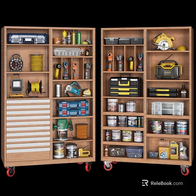 Public Facility Tool Cabinet Featuring Organized Drills Tapes Paint Cans And Storage Bins 3d model 