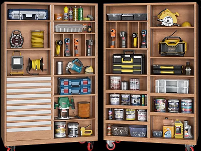 Public Facility Tool Cabinet Featuring Organized Drills Tapes Paint Cans And Storage Bins 3d model