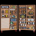 Public Facility Tool Cabinet Featuring Organized Drills Tapes Paint Cans And Storage Bins