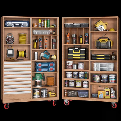 Public Facility Tool Cabinet Featuring Organized Drills Tapes Paint Cans And Storage Bins 3d model