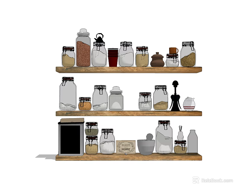 Neatly Arranged Glass Spice Jars On Wooden Shelves For Kitchen Organization 3d model 